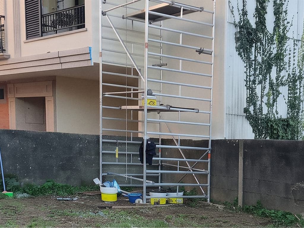 Andamio junto a la fachada de un edificio en trabajos de SATE en Vigo