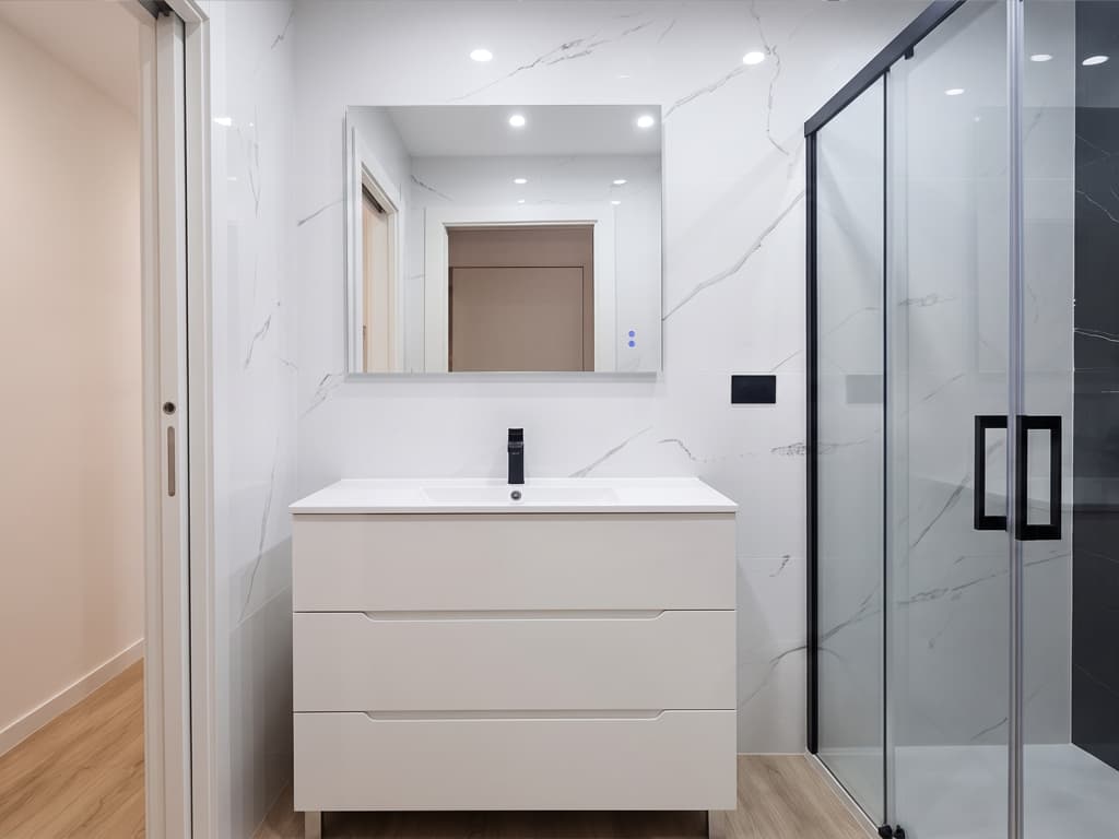 Baño con mueble de lavabo blanco y mampara tras una reforma interior en Vigo